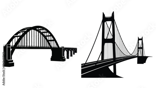 Two bridge designs an arch and suspension bridge in black silhouette