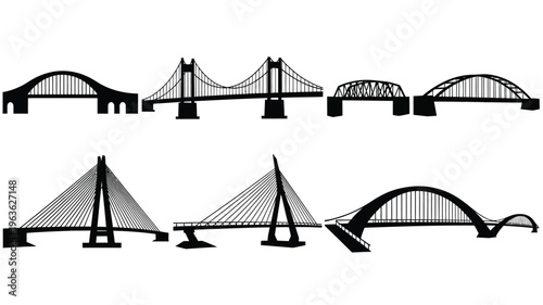 Collection of various bridge designs presented as a black silhouette