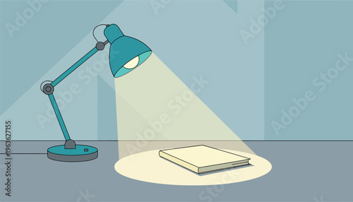 Modern desk lamp illuminating book on table in minimalist room