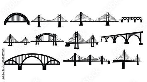 Diverse collection of bridge designs presented as a black silhouette