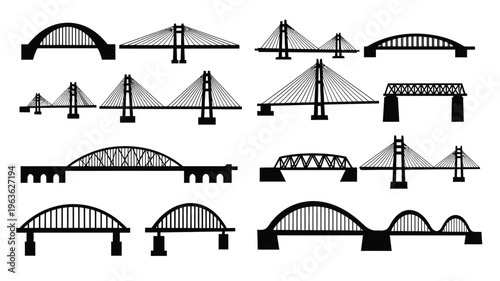Collection of various bridge designs presented as a black silhouette