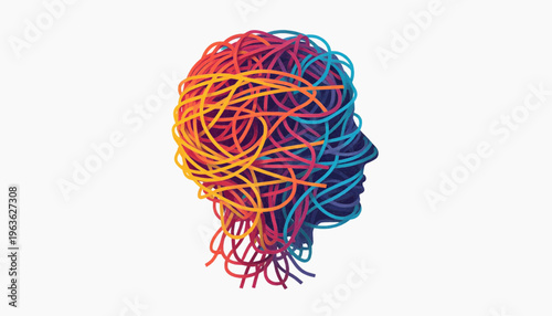Colorful threads forming a human head silhouette with tangled and untangled sections