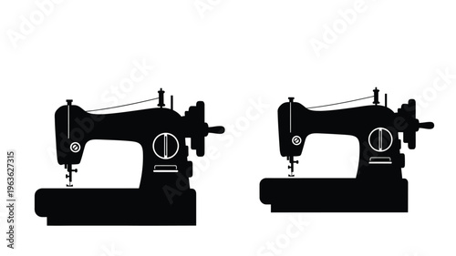 Two vintage sewing machines depicted in a stark black silhouette