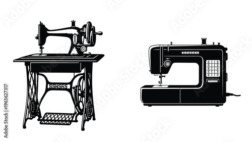 Two sewing machines depicted in a striking black silhouette