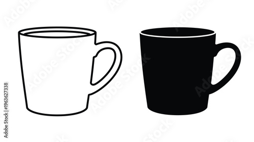 Two coffee mugs one white and one black in a stark silhouette