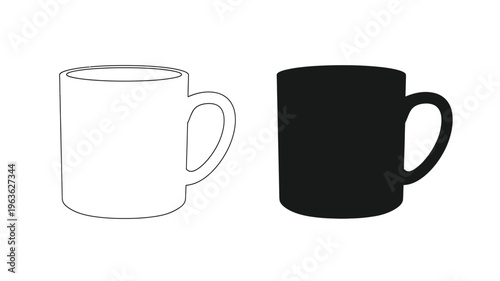 Two mugs depicted with contrasting styles one as a dark silhouette