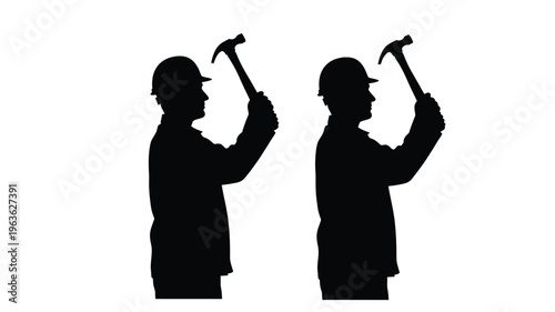 Two construction workers raising hammers in a striking silhouette