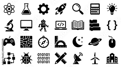 Collection of science technology education and innovation icons representing research development learning and creativity in digital and physical worlds
