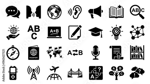 Collection of icons representing education communication global connection learning and technology concepts in a flat design style