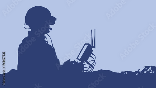 Military drone pilot silhouette wearing FPV goggles, soldier operating remote control transmitter, tactical UAV operator in field combat gear