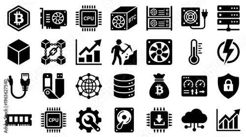 Digital currency and technology icons representing blockchain cryptocurrency mining data storage and network security concepts