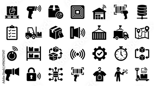 Logistics and supply chain management icons representing warehousing transportation tracking and delivery services technology