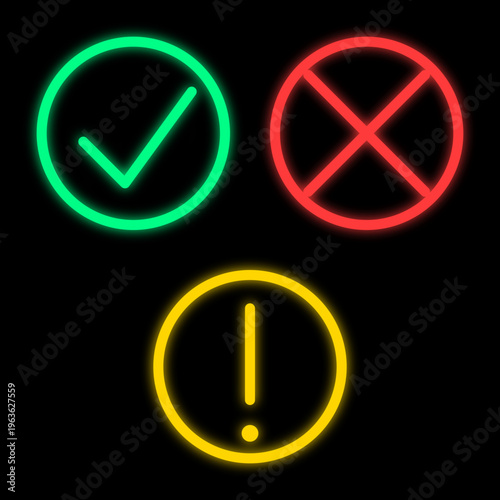 Dark Mode Status Icons – Check Mark, Cross and Exclamation Symbols on Black Background – Success, Error, Warning UI Indicators