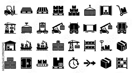 Logistics and delivery icons collection representing shipping transport warehousing and supply chain management concepts with modern flat design style