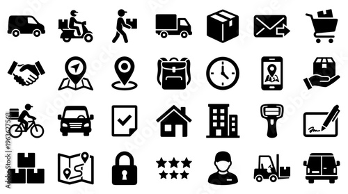 Delivery and logistics icons set representing shipping services, transportation, tracking, and customer service for e-commerce and supply chain management
