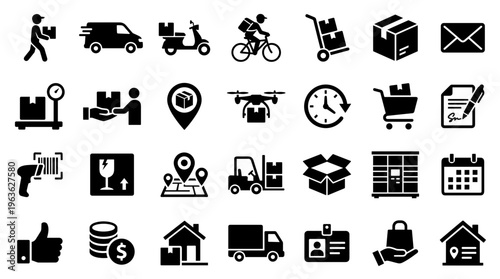 Logistics and delivery icons set representing shipping services, transportation, and supply chain management with modern icons for online business and e-commerce