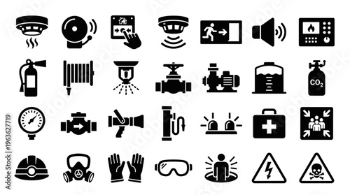 Collection of safety and emergency icons representing fire prevention, alarm systems, first aid, and hazard warnings for industrial and public safety concepts