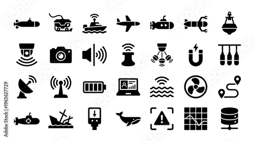Collection of nautical and surveillance technology icons representing maritime research, oceanography, and security operations