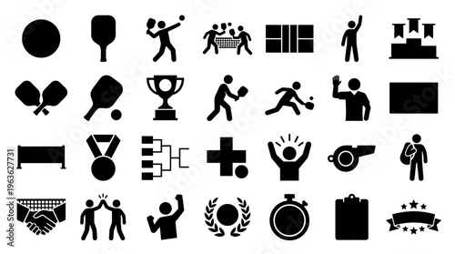 Collection of sports icons and symbols representing competition, achievement, and teamwork in various athletic activities