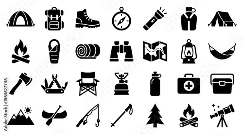 Collection of camping and outdoor adventure icons representing hiking travel and survival gear for nature exploration and recreation activities