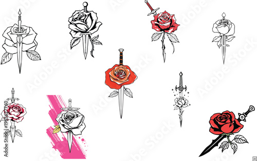 Minimal Rose and Dagger Outline Icon with Stroke Design on White Background Flat Line Art Illustration of Flower and Weapon Romantic and Gothic Concept