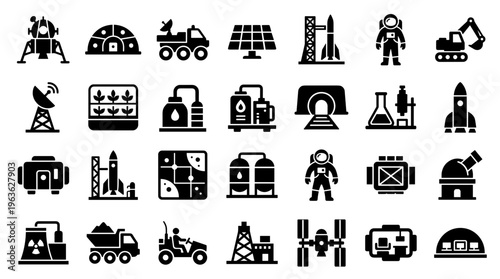 Collection of space exploration and industry icons including rockets, astronauts, rovers, satellites, and industrial equipment representing scientific advancement and technology