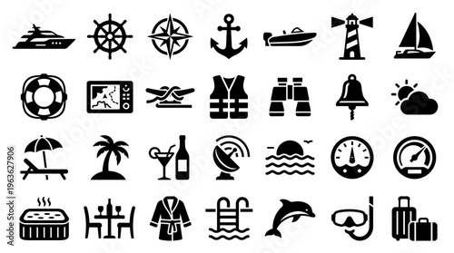 Collection of nautical and vacation icons representing sea travel leisure activities and relaxation symbols for travel and tourism concepts