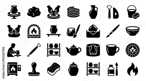 Collection of pottery and ceramics crafting icons representing tools equipment and the creative process of making clay art and pottery