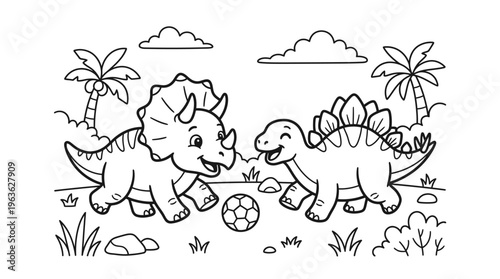 Triceratops and Stegosaurus dinosaurs playing.
