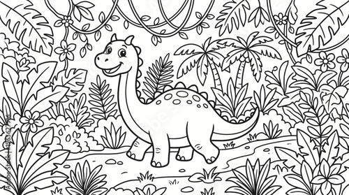 Smiling cartoon dinosaur in jungle.