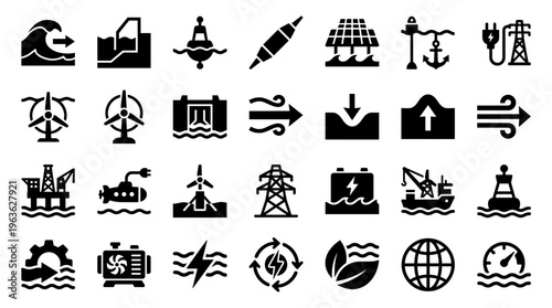 Collection of renewable energy and power generation icons including wind solar hydro wave and geothermal power with electricity transmission symbols