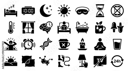 Collection of Icons representing sleep hygiene, health, and well-being concepts including sleep cycles, relaxation, and healthy habits