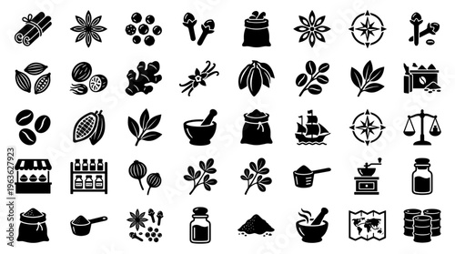 Collection of diverse spice and ingredient icons representing culinary exploration, global trade, and natural flavors