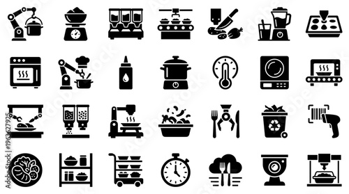Modern food production technology icons set automation robotics smart kitchen appliances and food processing equipment for industry and manufacturing