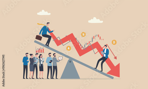 Stock concept, businessman sitting on seesaw red arrow pointing down investment loss