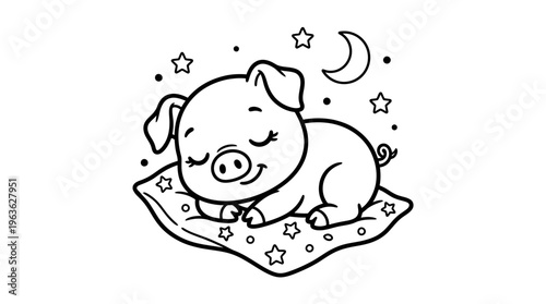 Cute Pig Sleeping on Pillow.