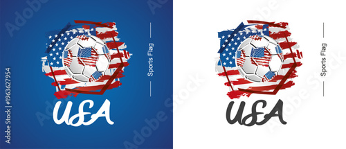 Abstract USA national flag ribbon soccer ball sport icon label banner handwritten typography lettering