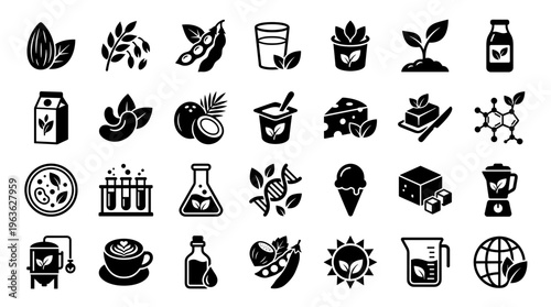 Collection of icons representing plant based food production and healthy eating lifestyle concepts