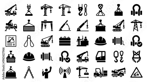 Collection of construction and industrial crane icons and symbols representing heavy lifting equipment and logistics in engineering and building projects