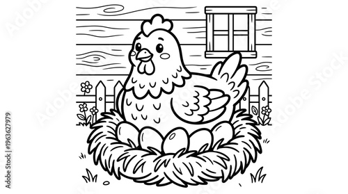 chicken sitting on eggs nest.