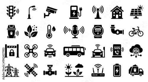 Smart city icons representing technology and innovation in urban environments