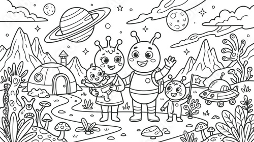Happy Alien Family Waving and Smiling on Extraterrestrial Planet, Cartoon Line Art Coloring Page