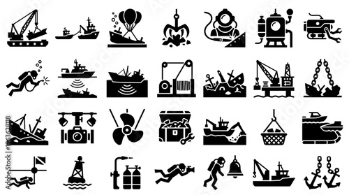 Collection of marine salvage and underwater exploration icons representing rescue operations, diving, shipwrecks, and maritime equipment