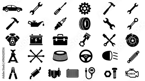Collection of automotive repair and maintenance icons representing car service tools and vehicle parts for mechanical work and diagnostics