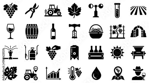 Viticulture Icons Set Agriculture Vineyard Farming Technology Equipment Tools and Wine Production Symbols