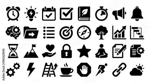 Collection of modern flat icons representing business concepts, planning, success, and lifestyle elements for digital and print design