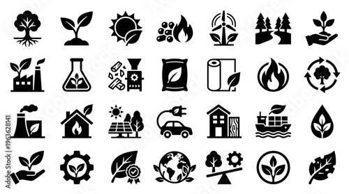Collection of environmental and ecological icons representing renewable energy, sustainability, and green technology concepts