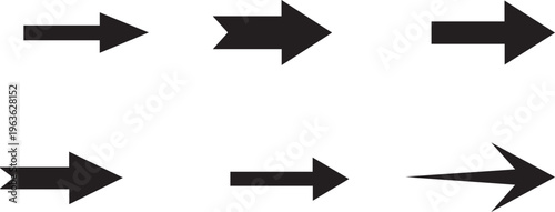 A collection of 6 black arrow icons pointing in various rightward directions on a white background