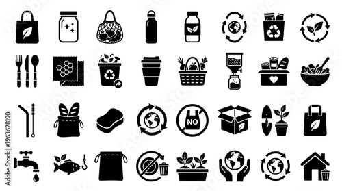 Collection of eco friendly icons representing sustainability and green living concepts like recycling reuse and organic products