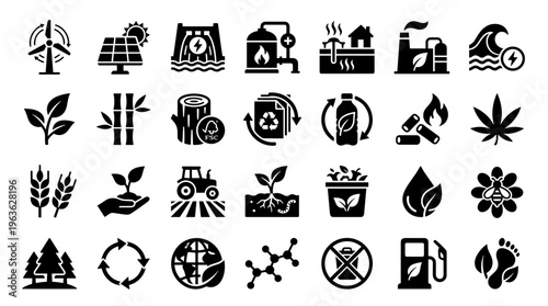 Eco friendly energy and sustainability icons set representing renewable resources and green technology for environmental protection and conservation